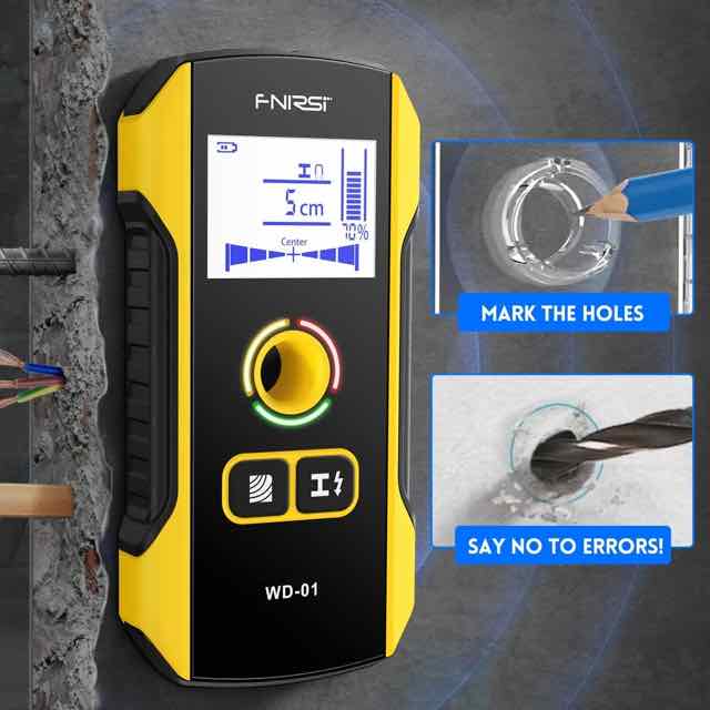 Yellow and black handheld wall detector with digital display, shown beside cutaway wall graphics and drilling mark instructions, illustrating pre-drilling safety and finding hidden wires or pipes.